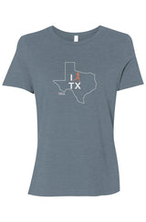 blue t-shirt with white Texas outline graphic surrounding 'I RUN TX' text with the word 'RUN' replaced by a silhouetted female runner in orange