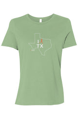 light green t-shirt with white Texas outline graphic surrounding 'I RUN TX' text with the word 'RUN' replaced by a silhouetted female runner in orange