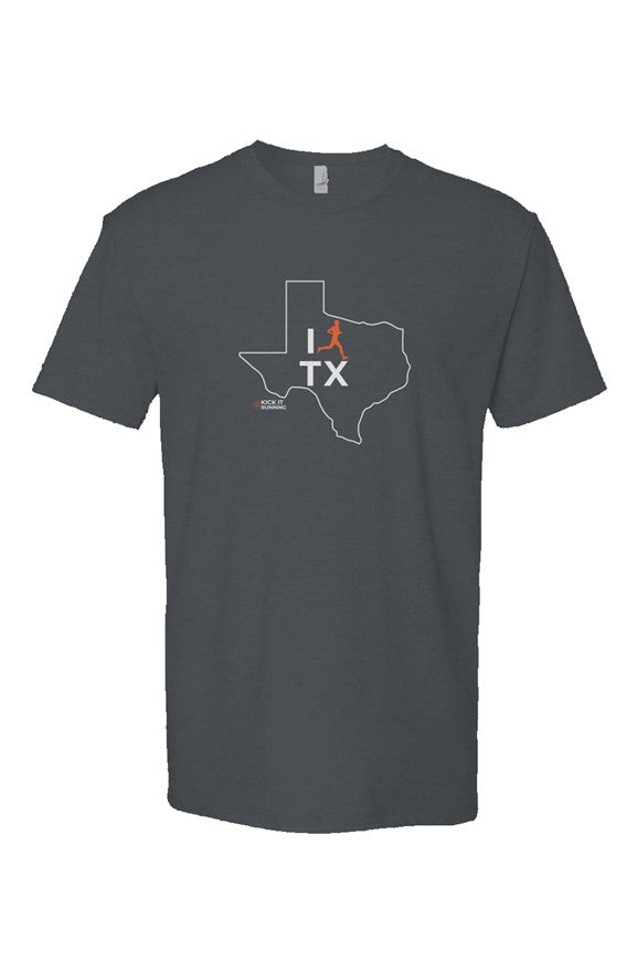 indigo t-shirt with white Texas outline graphic surrounding 'I RUN TX' text with the word 'RUN' replaced by a silhouetted male runner in orange