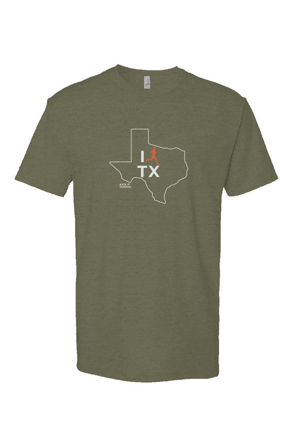 military green t-shirt with white Texas outline graphic surrounding 'I RUN TX' text with the word 'RUN' replaced by a silhouetted male runner in orange