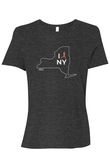 dark grey t-shirt with white New York outline graphic surrounding 'I RUN NY' text with the word 'RUN' replaced by a silhouetted female runner in orange