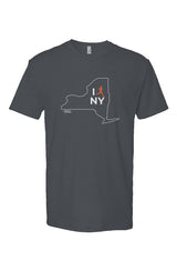 indigo t-shirt with white New York outline graphic surrounding 'I RUN NY' text with the word 'RUN' replaced by a silhouetted male runner in orange