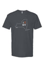 indigo t-shirt with white New York outline graphic surrounding 'I RUN NY' text with the word 'RUN' replaced by a silhouetted male runner in orange