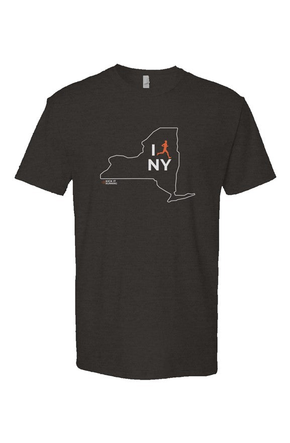 black t-shirt with white New York outline graphic surrounding 'I RUN NY' text with the word 'RUN' replaced by a silhouetted male runner in orange