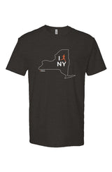 black t-shirt with white New York outline graphic surrounding 'I RUN NY' text with the word 'RUN' replaced by a silhouetted male runner in orange