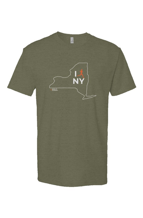 military green t-shirt with white New York outline graphic surrounding 'I RUN NY' text with the word 'RUN' replaced by a silhouetted male runner in orange