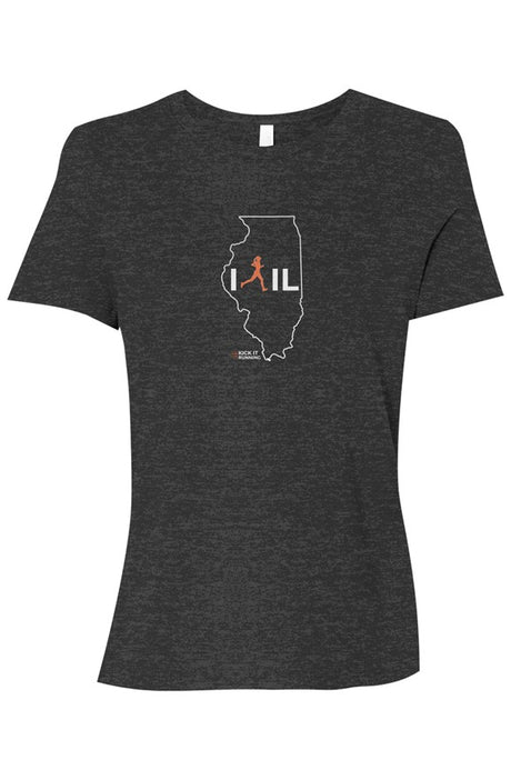 dark grey t-shirt with white Illinois outline graphic surrounding 'I RUN IL' text with the word 'RUN' replaced by a silhouetted female runner in orange