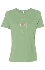 light green t-shirt with white Illinois outline graphic surrounding 'I RUN IL' text with the word 'RUN' replaced by a silhouetted female runner in orange