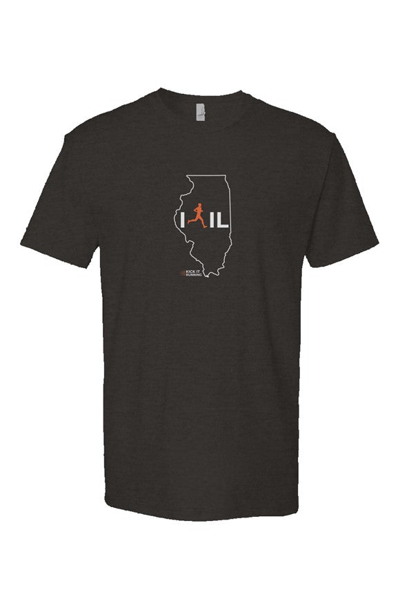 black t-shirt with white Illinois outline graphic surrounding 'I RUN IL' text with the word 'RUN' replaced by a silhouetted male runner in orange