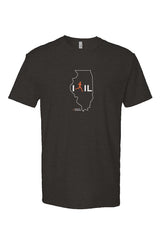 black t-shirt with white Illinois outline graphic surrounding 'I RUN IL' text with the word 'RUN' replaced by a silhouetted male runner in orange