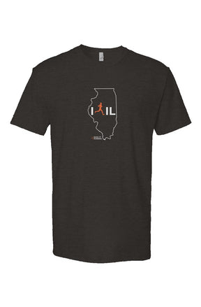 black t-shirt with white Illinois outline graphic surrounding 'I RUN IL' text with the word 'RUN' replaced by a silhouetted male runner in orange