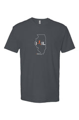 navy t-shirt with white Illinois outline graphic surrounding 'I RUN IL' text with the word 'RUN' replaced by a silhouetted male runner in orange