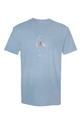 carolina blue t-shirt with white Illinois outline graphic surrounding 'I RUN IL' text with the word 'RUN' replaced by a silhouetted male runner in orange