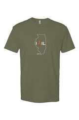 military green t-shirt with white Illinois outline graphic surrounding 'I RUN IL' text with the word 'RUN' replaced by a silhouetted male runner in orange