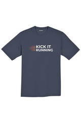 navy blue short-sleeve performance running shirt with four orange speed lines vertically stacked to the left followed by 'Kick It Running' text in white