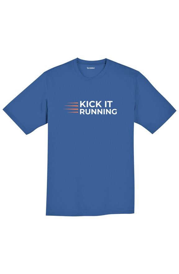 royal blue short-sleeve performance running shirt with four orange speed lines vertically stacked to the left followed by 'Kick It Running' text in white
