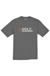 grey short-sleeve performance running shirt with four orange speed lines vertically stacked to the left followed by 'Kick It Running' text in white