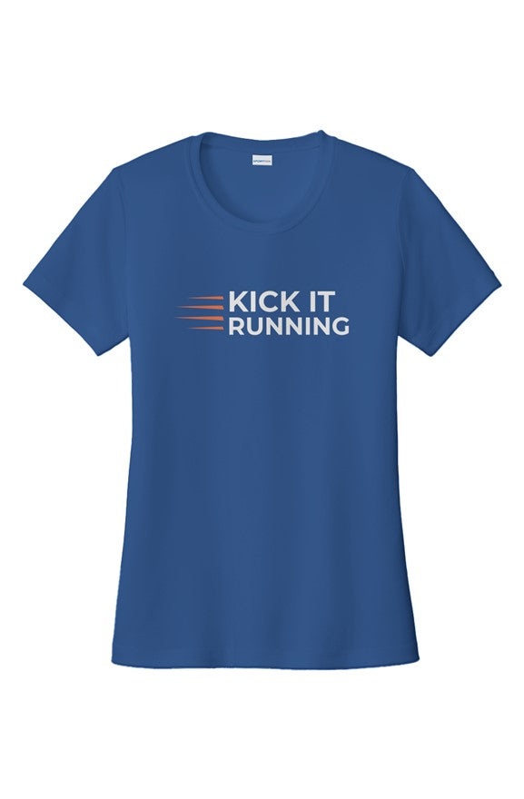 royal blue short-sleeve performance running shirt with four orange speed lines vertically stacked to the left followed by 'Kick It Running' text in white