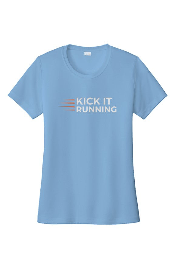 carolina blue short-sleeve performance running shirt with four orange speed lines vertically stacked to the left followed by 'Kick It Running' text in white