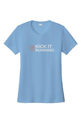 carolina blue short-sleeve performance running shirt with four orange speed lines vertically stacked to the left followed by 'Kick It Running' text in white