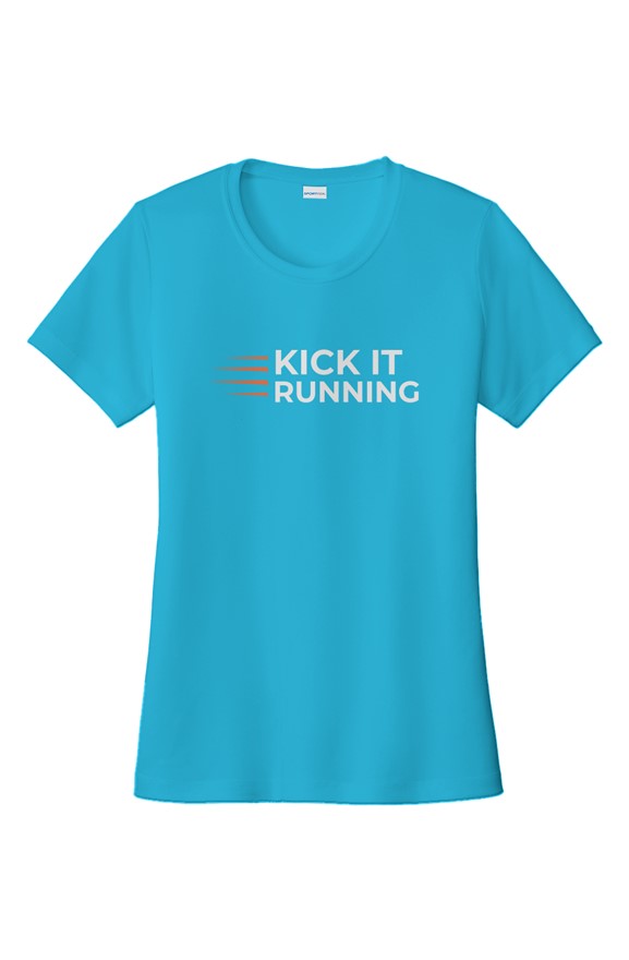 light blue short-sleeve performance running shirt with four orange speed lines vertically stacked to the left followed by 'Kick It Running' text in white