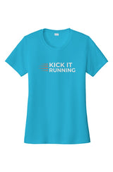 light blue short-sleeve performance running shirt with four orange speed lines vertically stacked to the left followed by 'Kick It Running' text in white