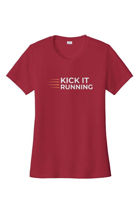 red short-sleeve performance running shirt with four orange speed lines vertically stacked to the left followed by 'Kick It Running' text in white