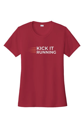 red short-sleeve performance running shirt with four orange speed lines vertically stacked to the left followed by 'Kick It Running' text in white