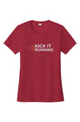 red short-sleeve performance running shirt with four orange speed lines vertically stacked to the left followed by 'Kick It Running' text in white