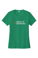 green short-sleeve performance running shirt with four orange speed lines vertically stacked to the left followed by 'Kick It Running' text in white