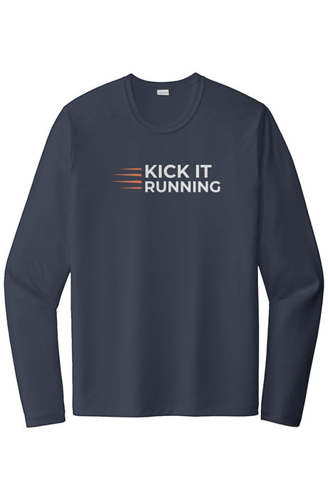 indigo long-sleeve performance running shirt with four orange speed lines vertically stacked to the left followed by 'Kick It Running' text in white