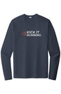 indigo long-sleeve performance running shirt with four orange speed lines vertically stacked to the left followed by 'Kick It Running' text in white