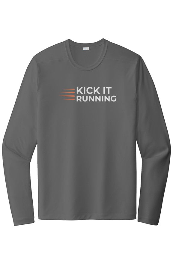 grey long-sleeve performance running shirt with four orange speed lines vertically stacked to the left followed by 'Kick It Running' text in white