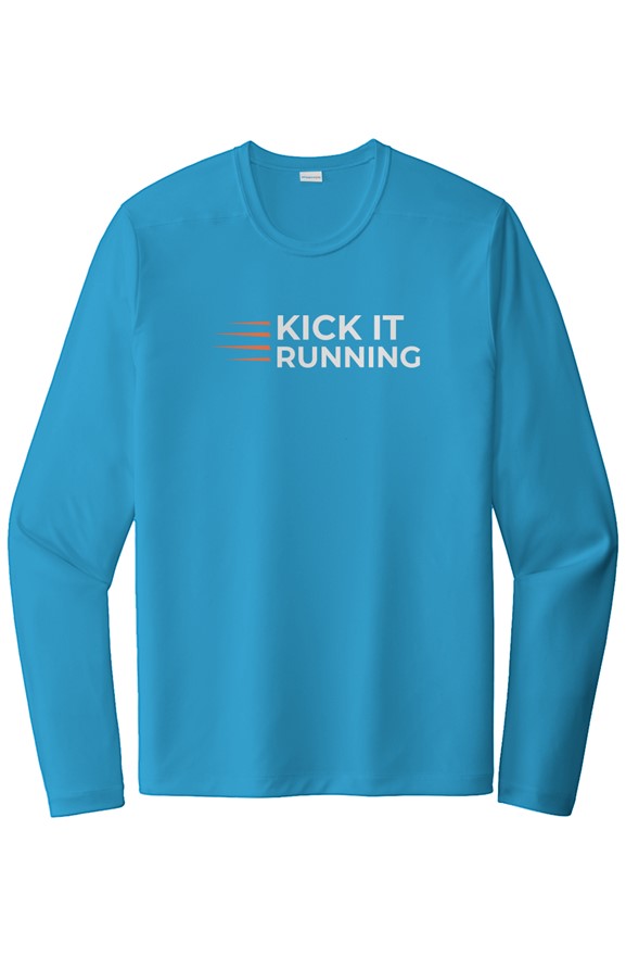 light blue long-sleeve performance running shirt with four orange speed lines vertically stacked to the left followed by 'Kick It Running' text in white