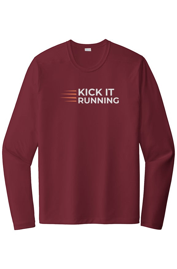 red long-sleeve performance running shirt with four orange speed lines vertically stacked to the left followed by 'Kick It Running' text in white