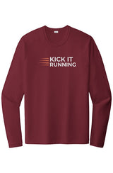 red long-sleeve performance running shirt with four orange speed lines vertically stacked to the left followed by 'Kick It Running' text in white