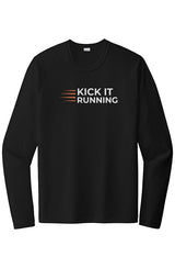 black long-sleeve performance running shirt with four orange speed lines vertically stacked to the left followed by 'Kick It Running' text in white