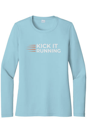 carolina blue long-sleeve performance running shirt with four orange speed lines vertically stacked to the left followed by 'Kick It Running' text in white