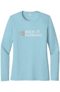carolina blue long-sleeve performance running shirt with four orange speed lines vertically stacked to the left followed by 'Kick It Running' text in white