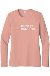pink long-sleeve performance running shirt with four orange speed lines vertically stacked to the left followed by 'Kick It Running' text in white