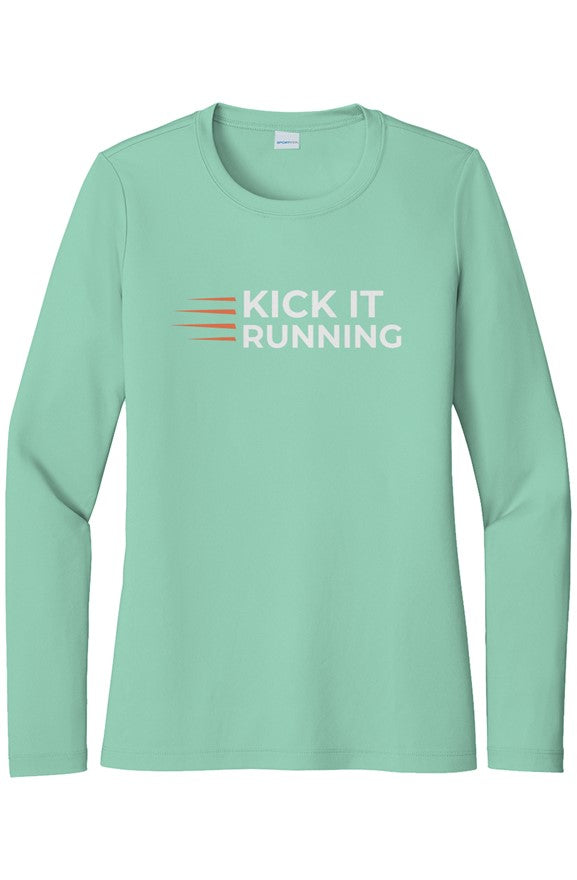 light green long-sleeve performance running shirt with four orange speed lines vertically stacked to the left followed by 'Kick It Running' text in white