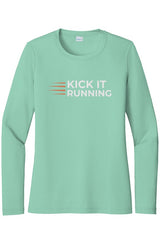 light green long-sleeve performance running shirt with four orange speed lines vertically stacked to the left followed by 'Kick It Running' text in white