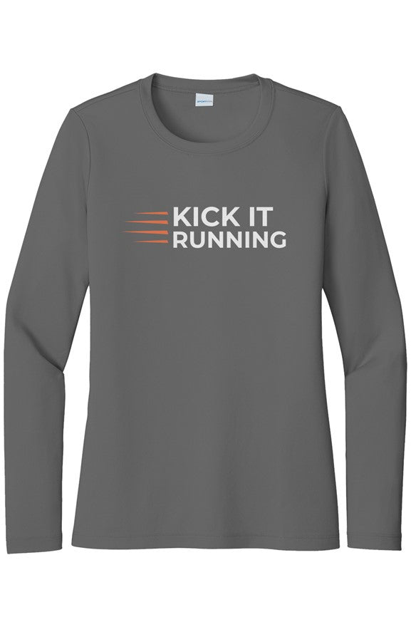 grey long-sleeve performance running shirt with four orange speed lines vertically stacked to the left followed by 'Kick It Running' text in white