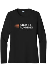 black long-sleeve performance running shirt with four orange speed lines vertically stacked to the left followed by 'Kick It Running' text in white