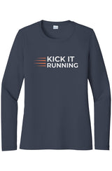 indigo long-sleeve performance running shirt with four orange speed lines vertically stacked to the left followed by 'Kick It Running' text in white
