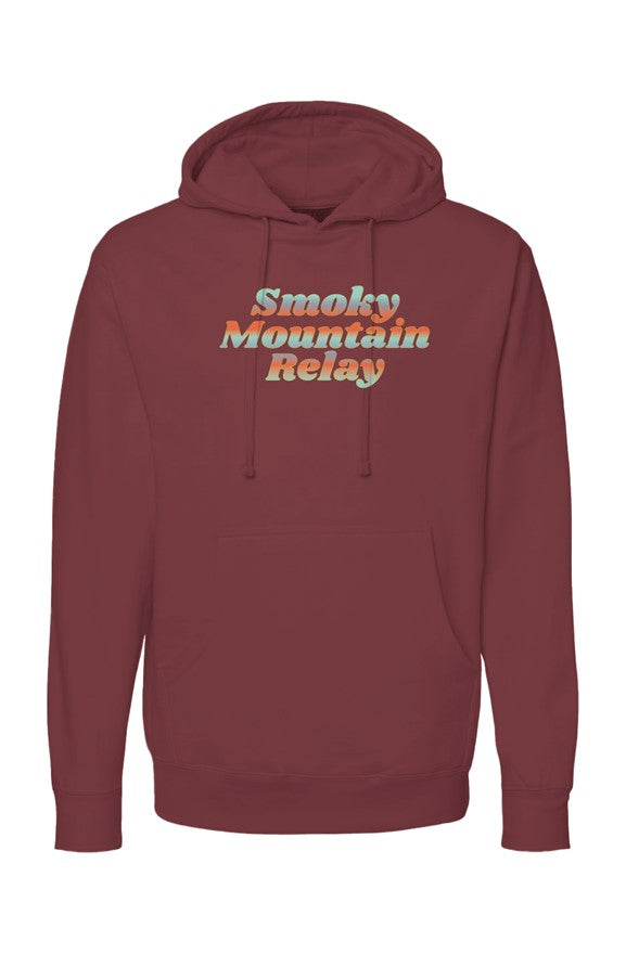 maroon hoodie with 'Smoky Mountain Relay' in gradient text on a white background