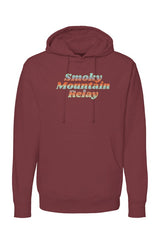 maroon hoodie with 'Smoky Mountain Relay' in gradient text on a white background