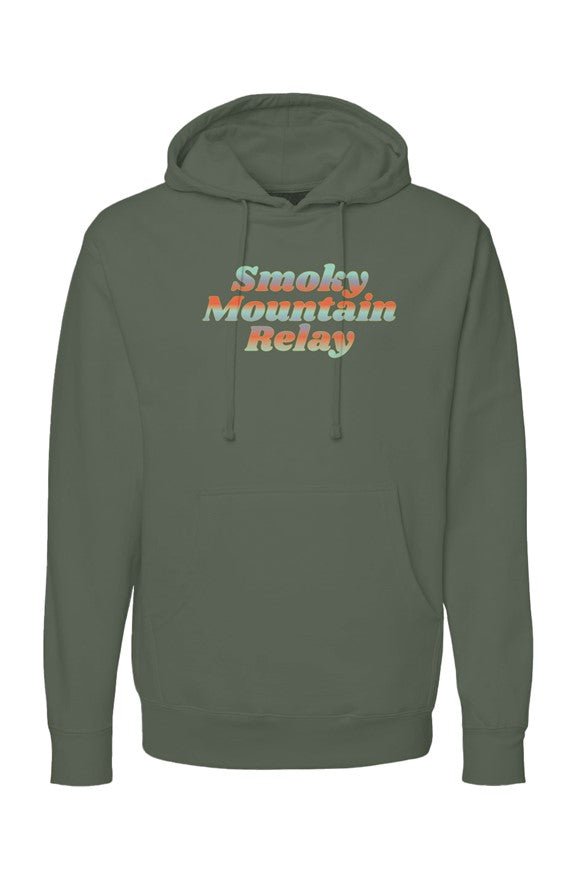 dark green hoodie with 'Smoky Mountain Relay' in gradient text on a white background