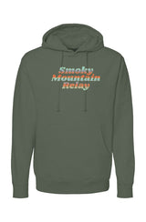 dark green hoodie with 'Smoky Mountain Relay' in gradient text on a white background
