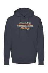 navy hoodie with 'Smoky Mountain Relay' in gradient text on a white background